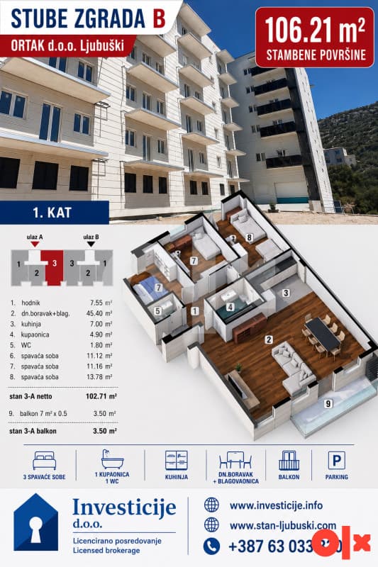 106.21 m2 - Three-bedroom apartment, Ljubuški