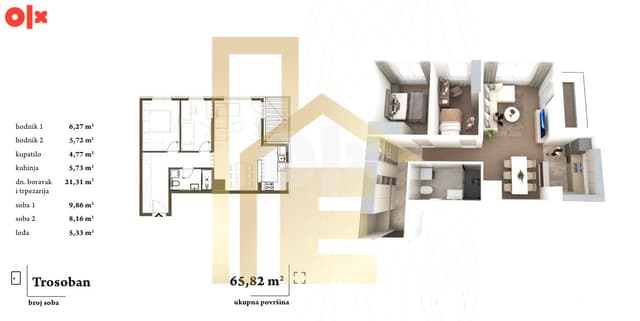 For sale: a three-room apartment under construction in the Hisete neighborhood.